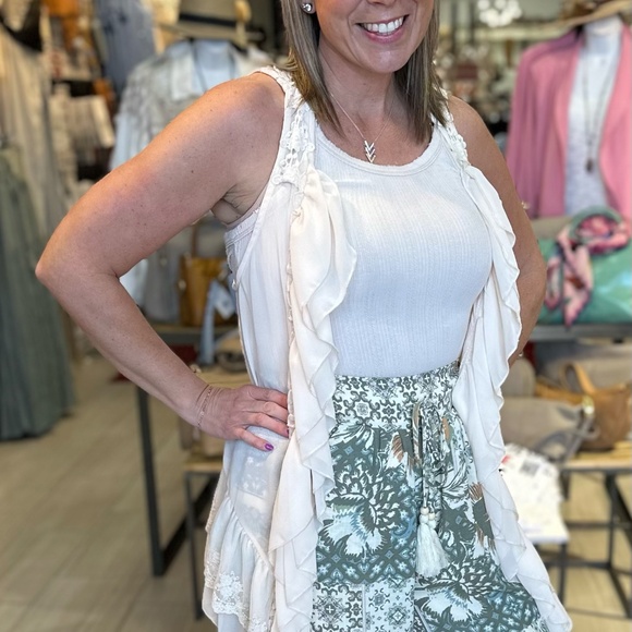 MISS ME Womens Flowy Lace Mix Pants Size S,M,L Muted Green Cream Pull O… - Picture 2 of 6